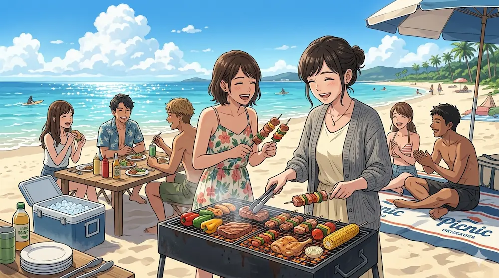 浜辺でバーベキュー