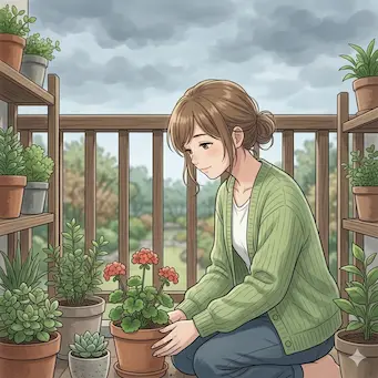 朝庭の草花を眺める