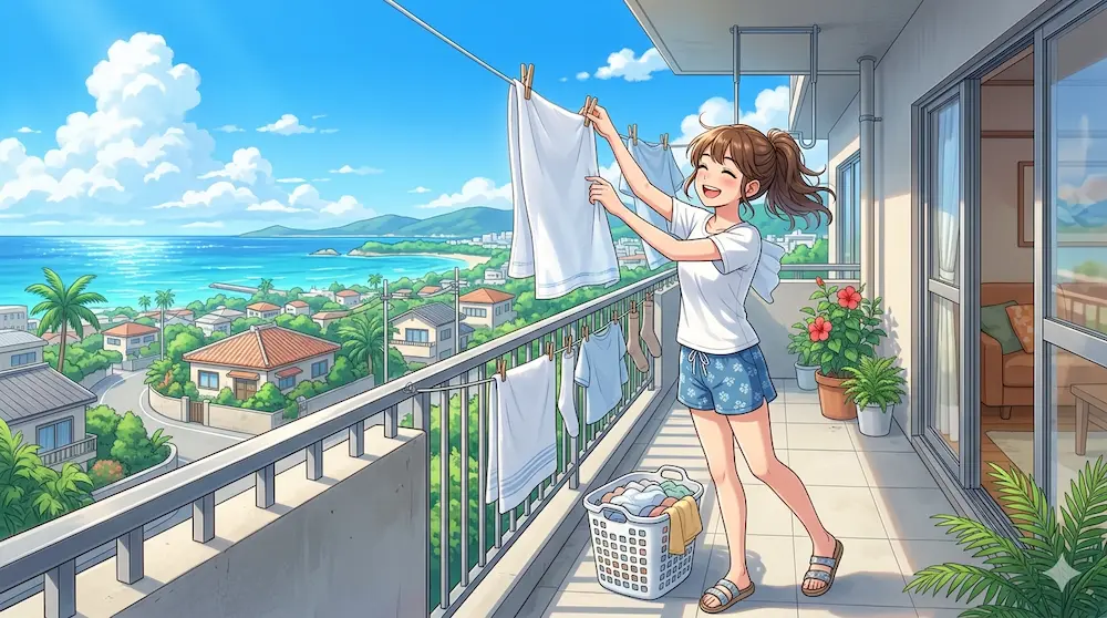 朝の光を浴びて洗濯物を干す