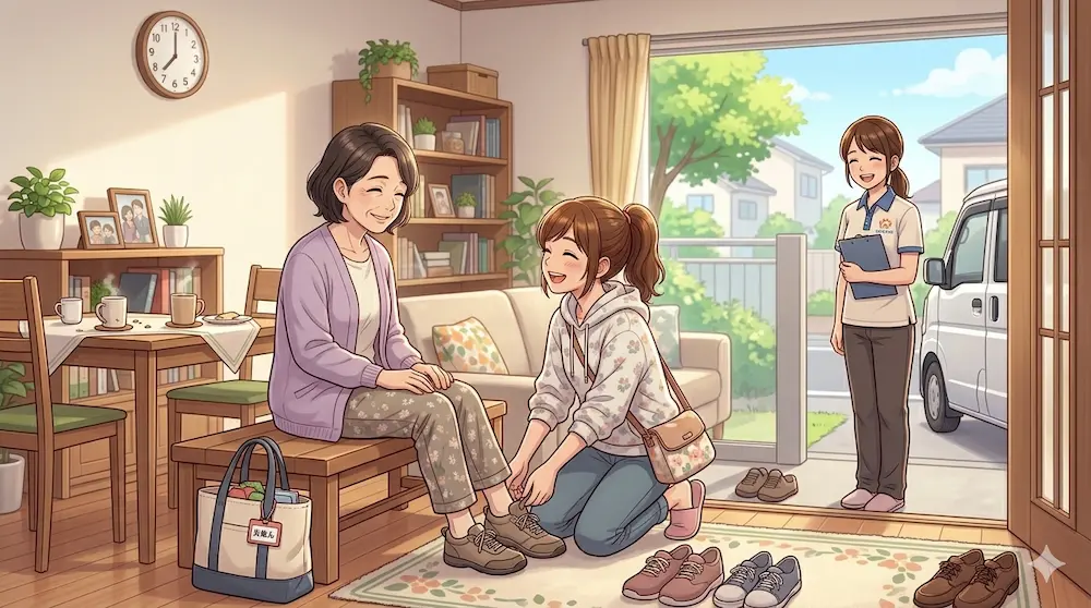 ディケアに行く母親