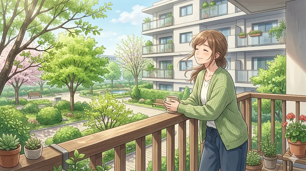 朝ベランダで新緑を眺める