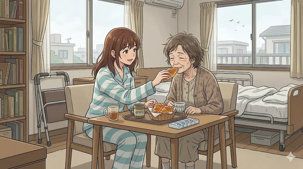 母親と朝ごはんの様子
