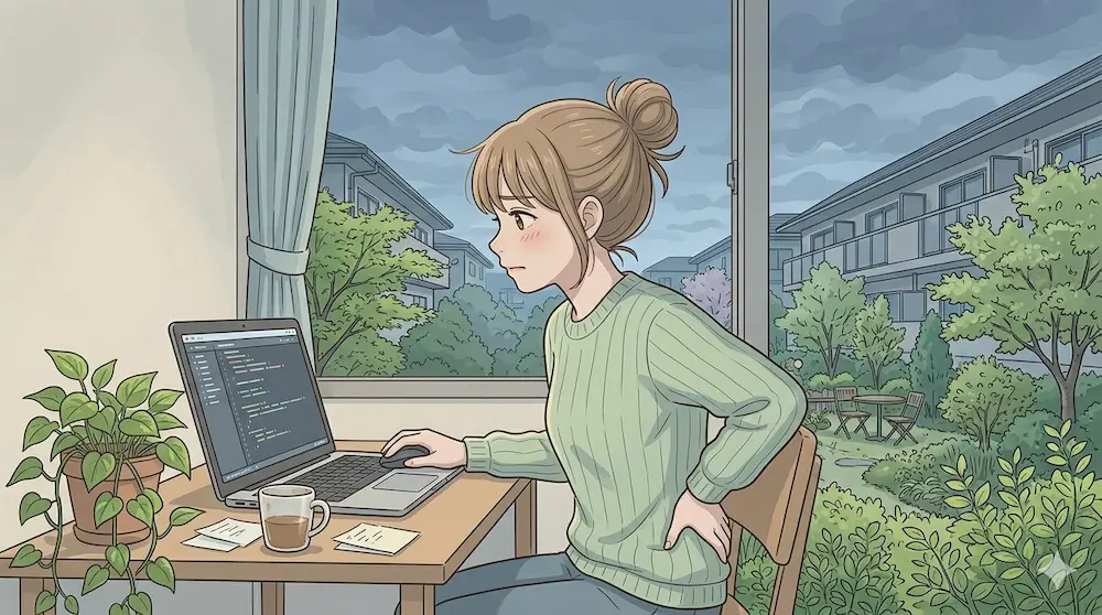 パソコンをしながら腰痛を気にする若い女性