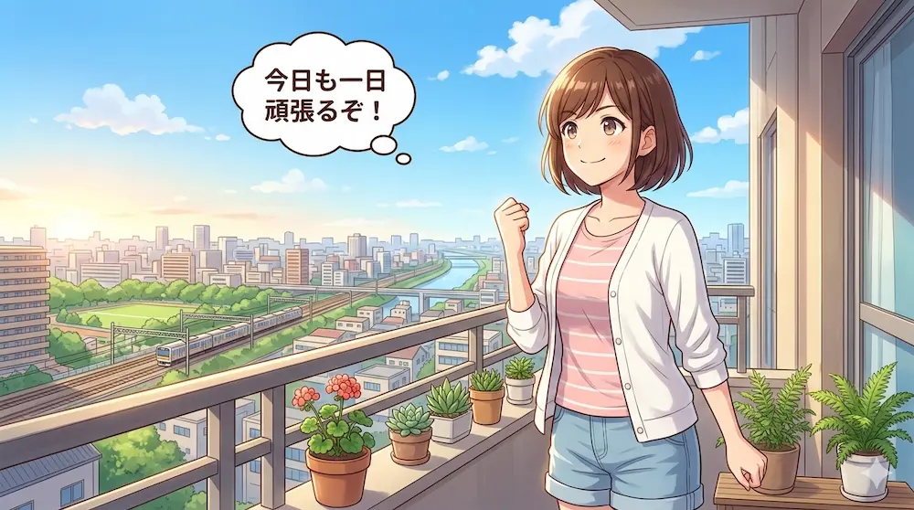 朝気持ちのいいベランダで外を見つめる