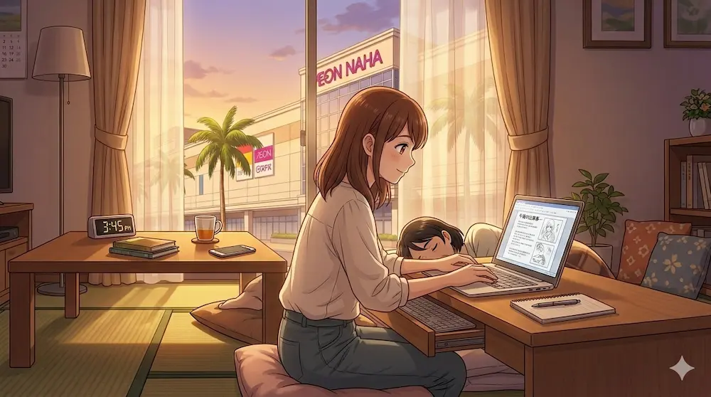 パソコンで午後の出来事を書く若い女性