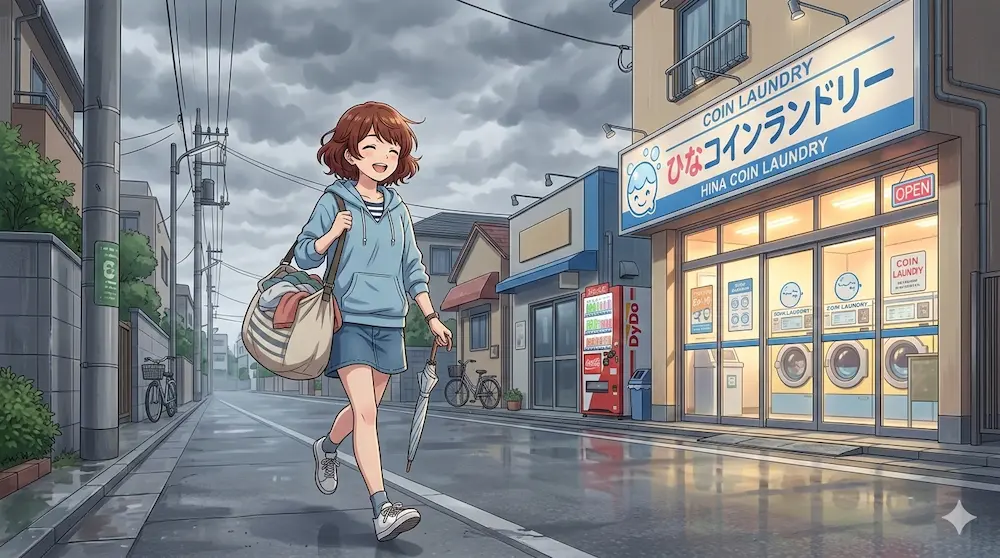 コインランドリーへ向かう女性