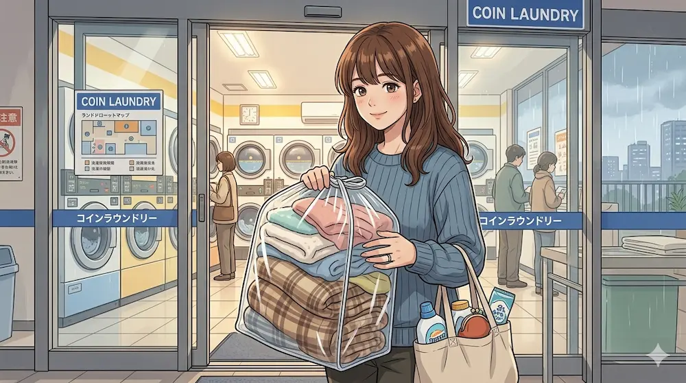 コインランドリーへ行く様子