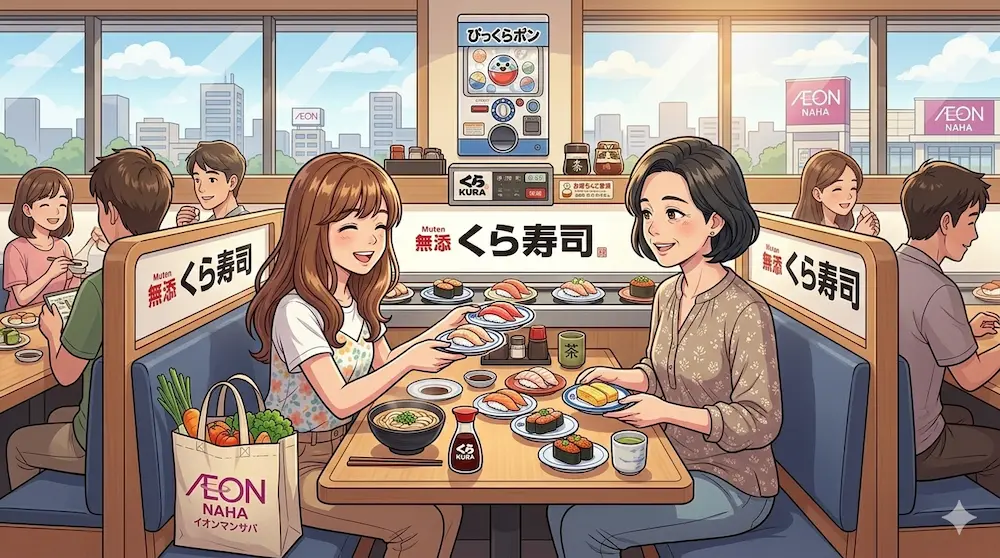 お昼ご飯を回転ずしで食べる風景