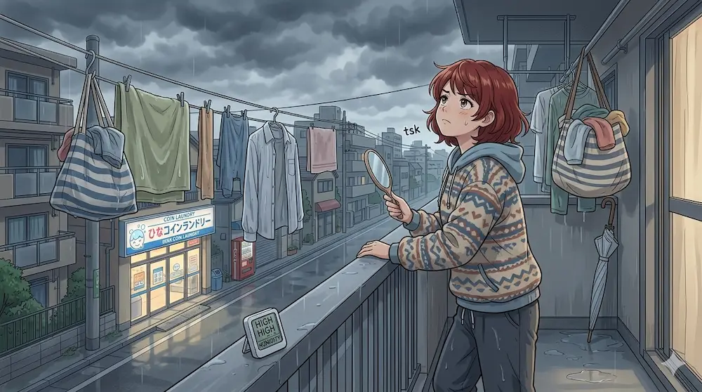 雨の日それを見つめている女性