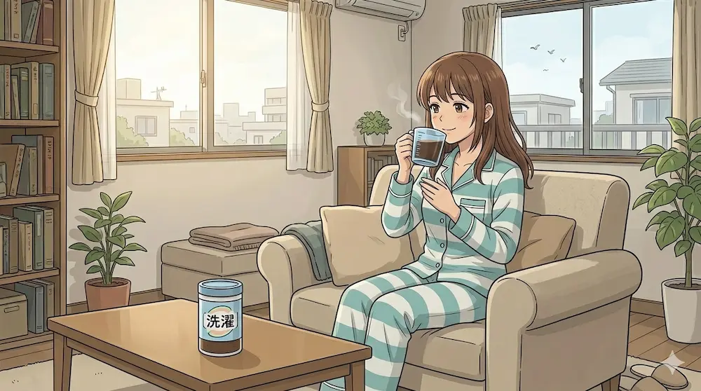 リビングで珈琲を飲んでいる

