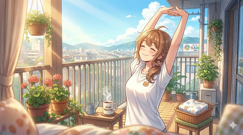 朝から背伸び