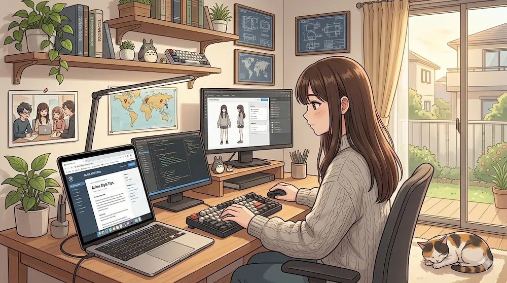 パソコン作業する若い女性