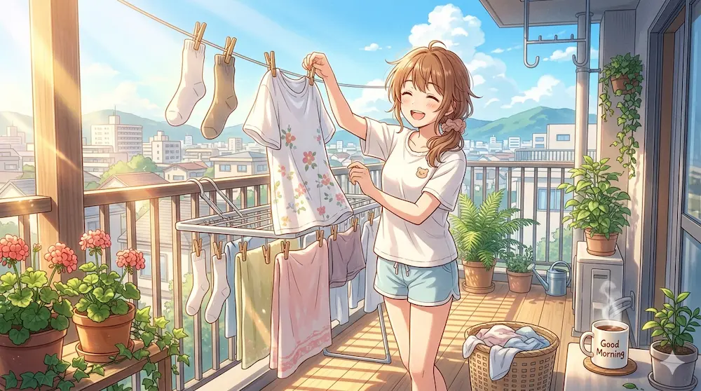 朝の風景洗濯干す