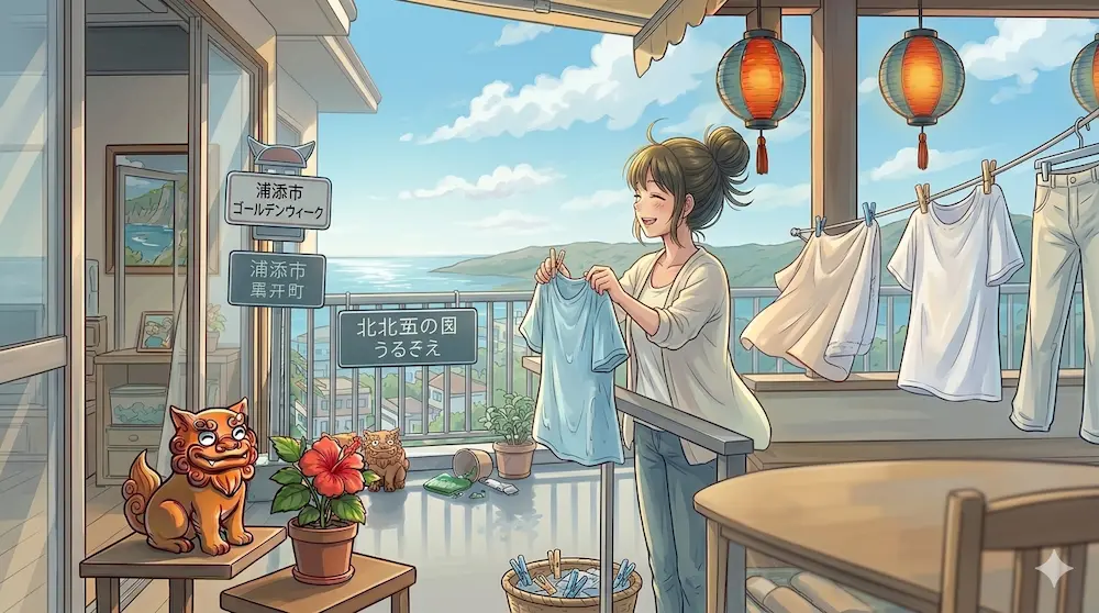 沖縄の空の元洗濯を干す