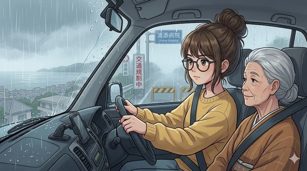 車で病院へ向かう