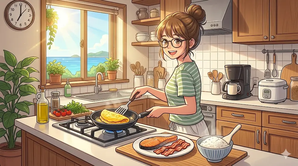 台所で朝ごはんを作る