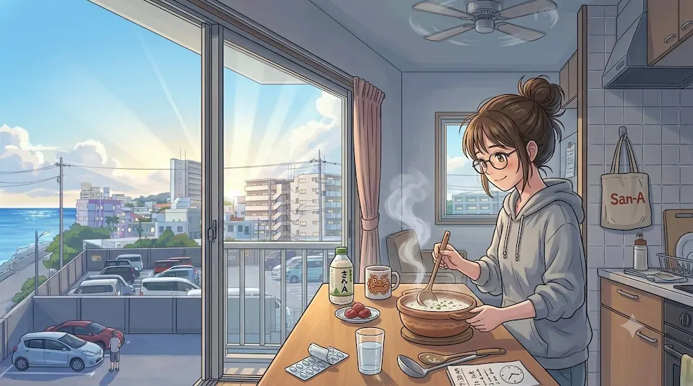 台所でお粥